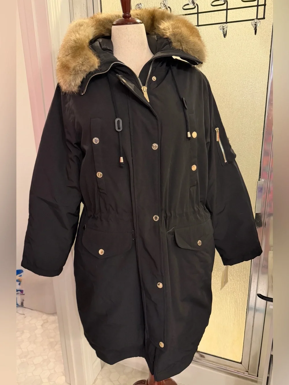 Michael Kors Black Women's Parka Coat w/Faux Fur Hood 2X $230 BNWT